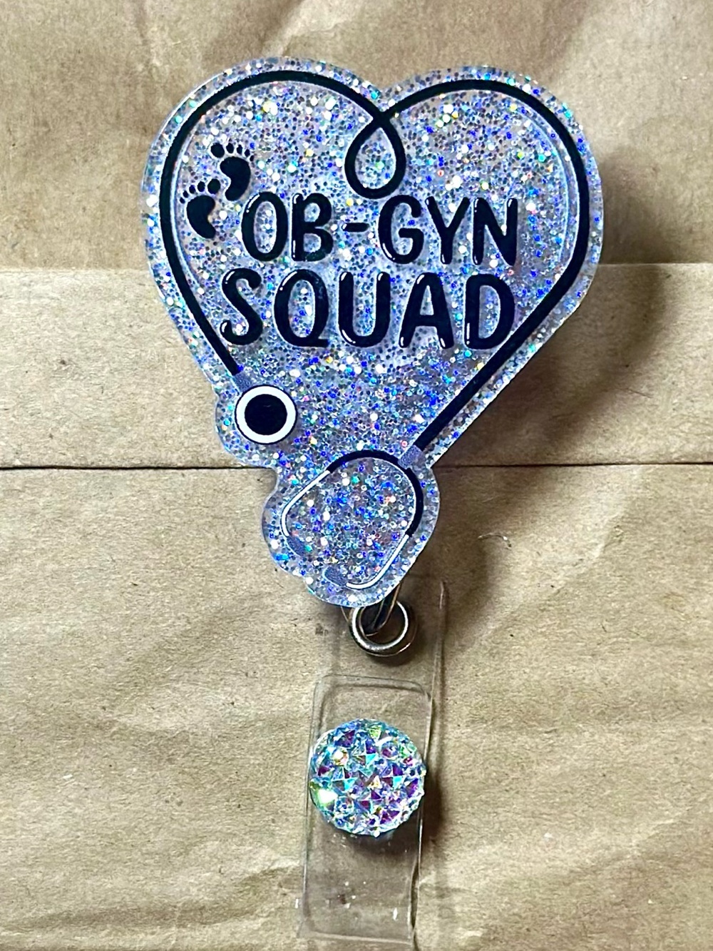 OB-GYN Squad Heart Badge Reel Glitter